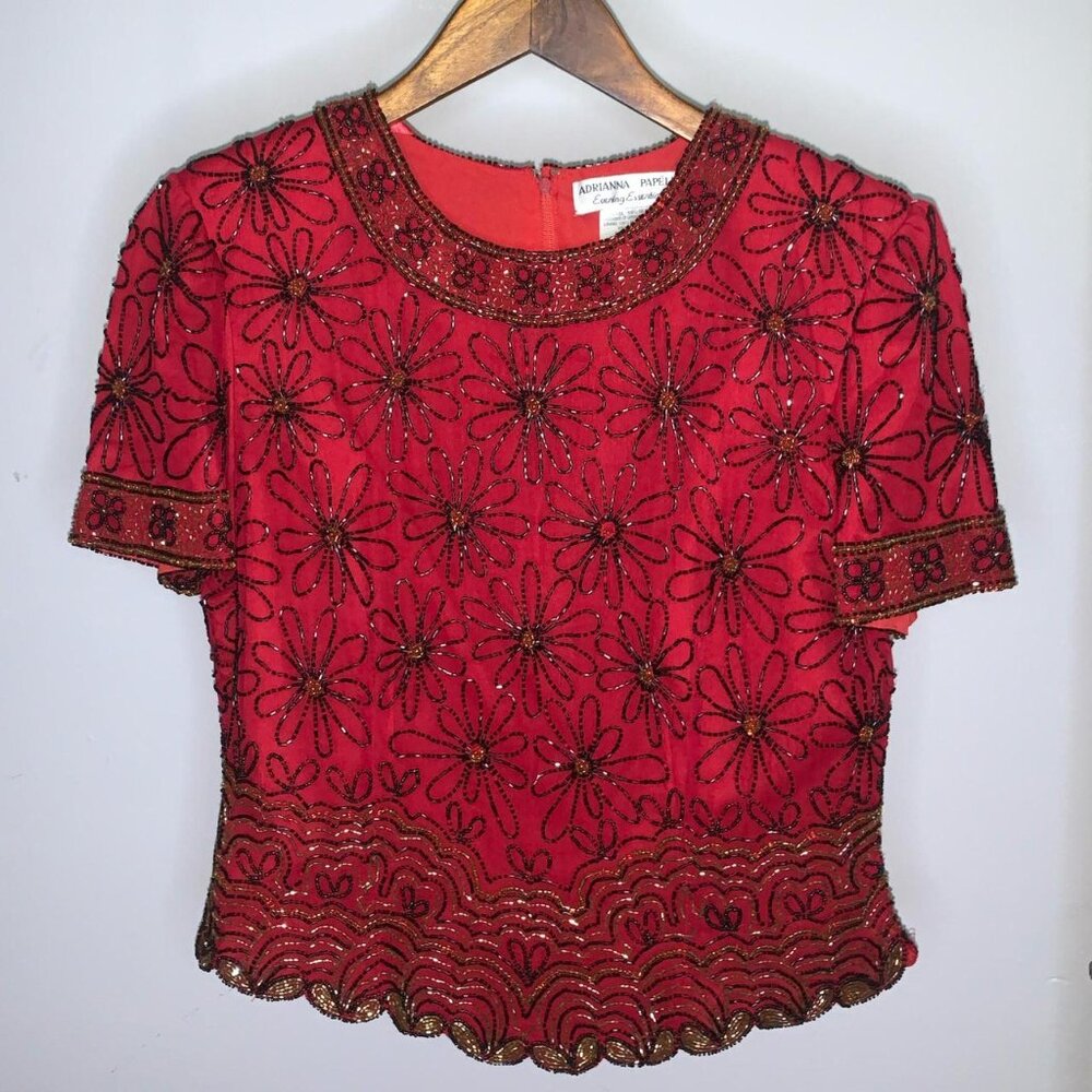 Vintage Adrianna Papéll Red Beaded Short Sleeve Formal Blouse 100% Silk - Picture 1 of 4